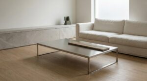 Minimalist home interior showcasing premium linen, stone, wood, and metal textures.