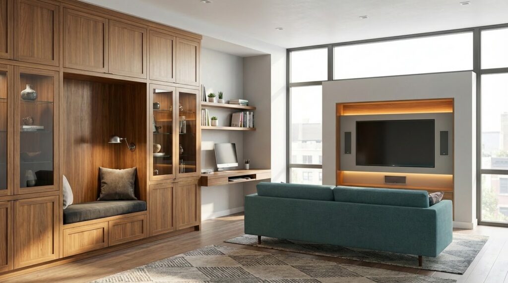 Custom built-in storage blending with interior décor for seamless home design