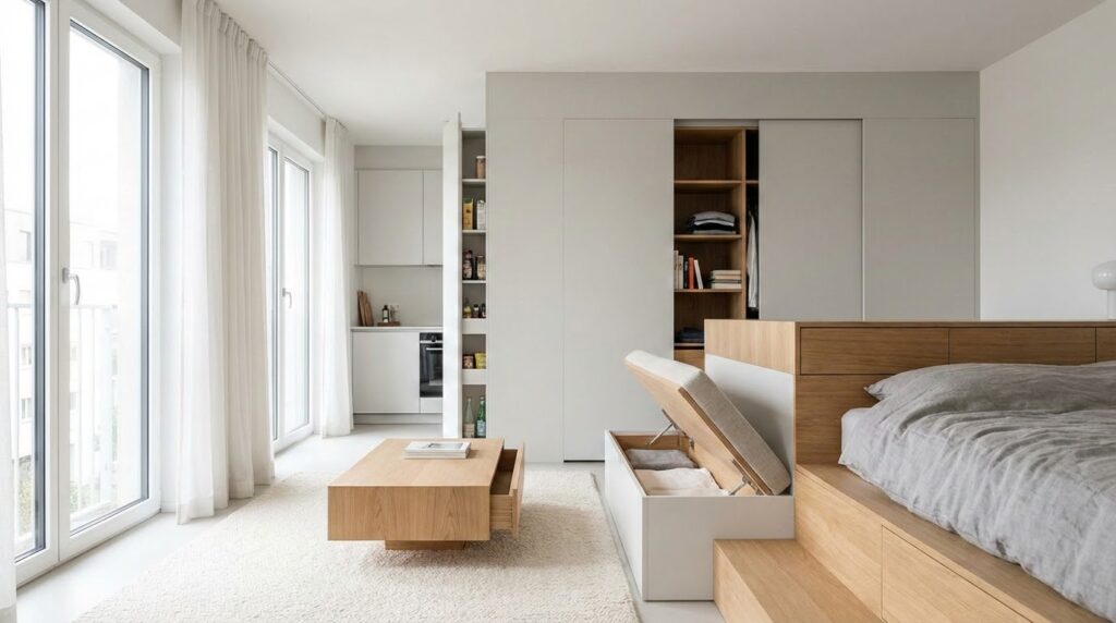 Hidden storage ideas for minimalist homes, sleek built‑in cabinets and secret compartments.