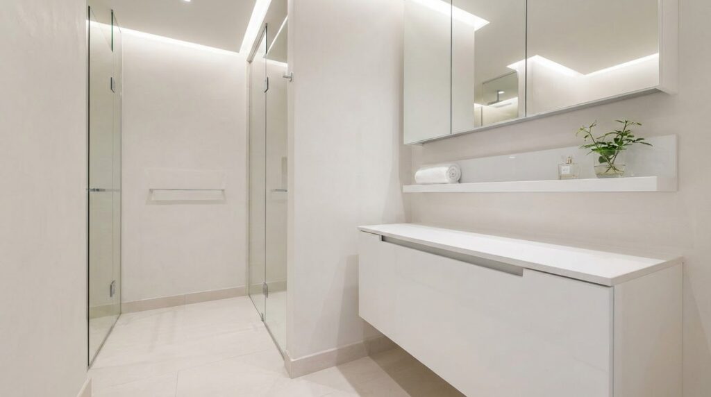 Sleek minimalist bathroom showcasing hidden storage cabinets and floating shelves.