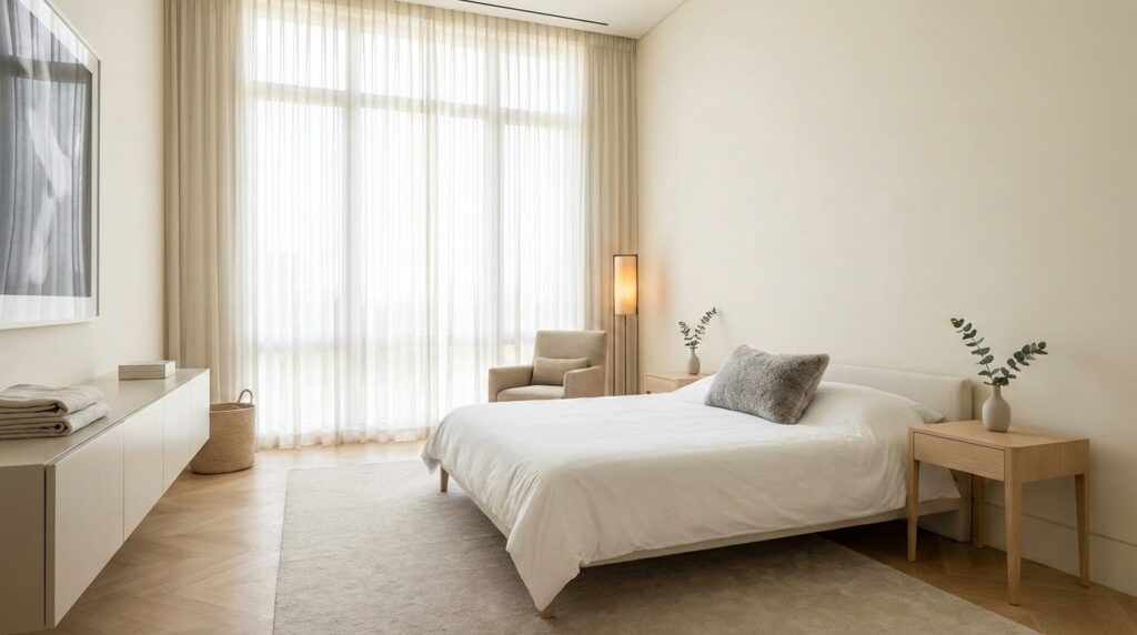 Minimalist bedroom design with sleek bed, soft linens, natural light, warm wooden accents