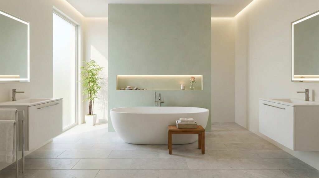Spa-inspired minimalist bathroom with sleek white walls, wooden accents and a freestanding tub