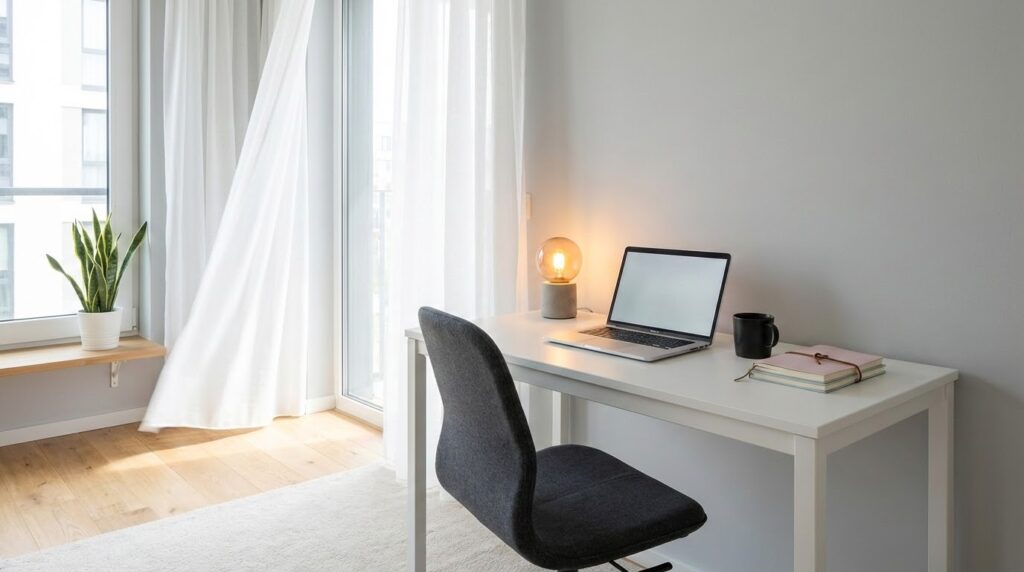 Sleek minimalist home office with clean desk, simple décor, and natural light for focused work