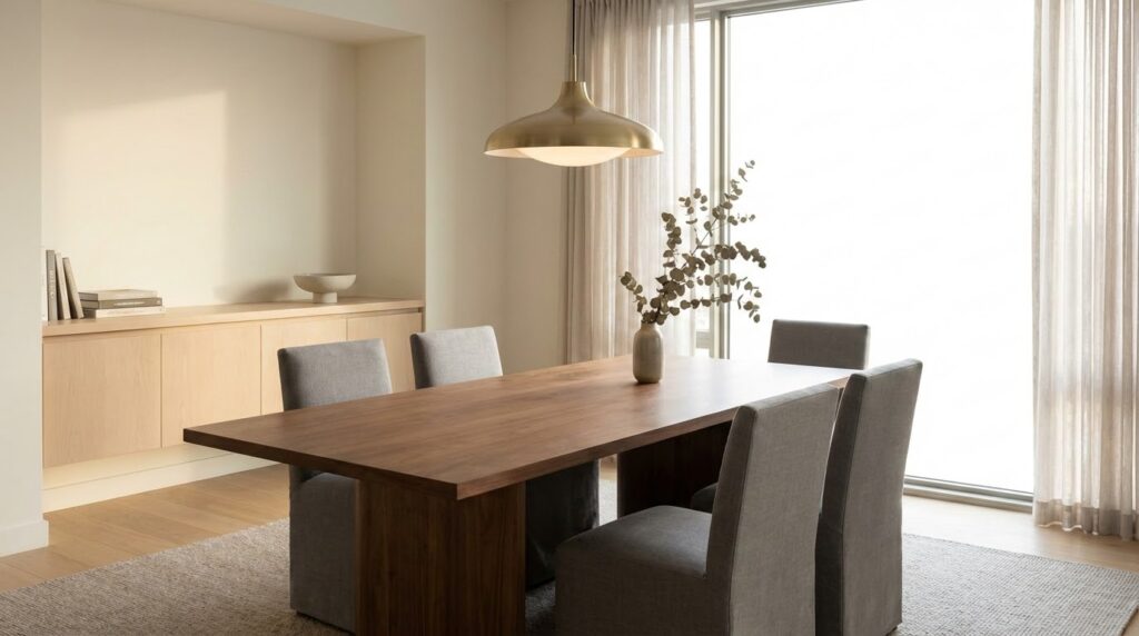 Warm minimalist dining room with sleek table, subtle lighting, inviting timeless entertaining