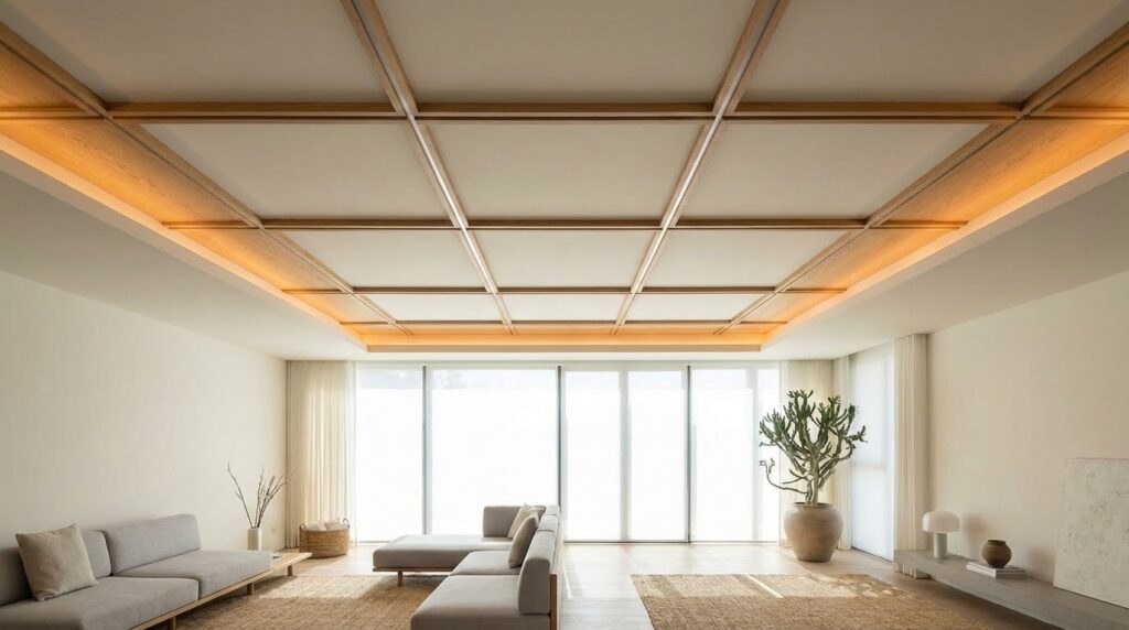 Ceiling design ideas for subtle architectural luxury with clean lines and warm wood tones